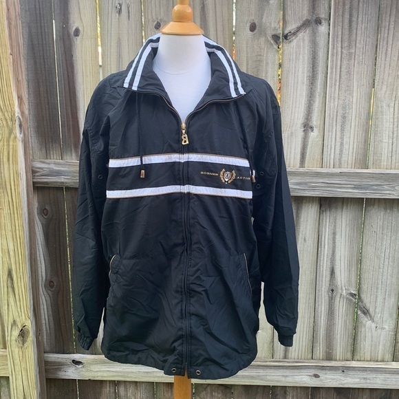Bogner Jackets & Blazers - Bogner Black Windbreaker Jacket with White Stripes and Leopard Lined Hood